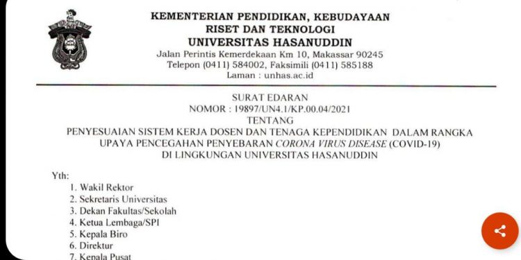 Unhas Kembali  Keluarkan Surat Edaran Penyesuaian Sistem Kerja