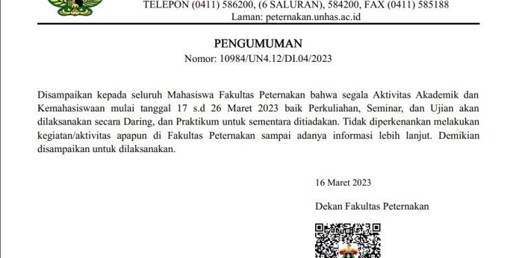 Surat edaran daring dari Fakultas Peternakan. Sumber: Tangkapan layar