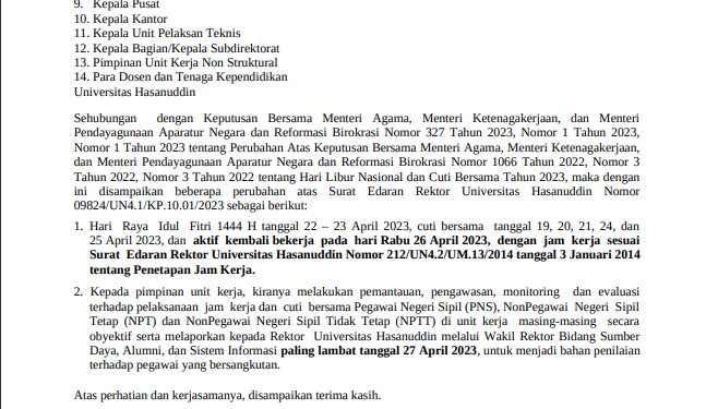 Surat edaran mengenai perubahan jadwal cuti bersama. Sumber: Tangkapan Layar