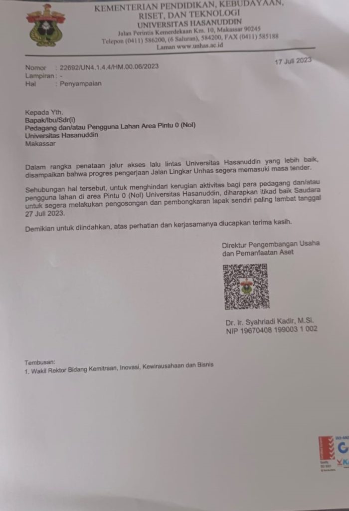 Surat himbauan pengosongan dan pembongkaran lapak pedagang di Jalan Lingkar Unhas.