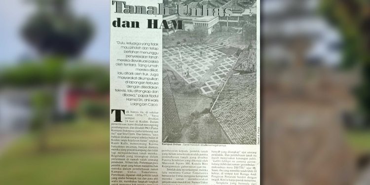 Potongan berita dari terbitan identitas edisi Awal Juli 2002 dengan judul berita "Tanah Unhas dan HAM"