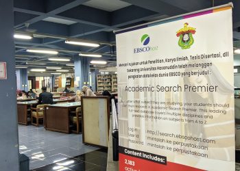 Banner tata cara mengakses EBSCOhost yang terpajang di Perpustakaan Unhas, Jumat (15/11). Foto: IDENTITAS/Awi