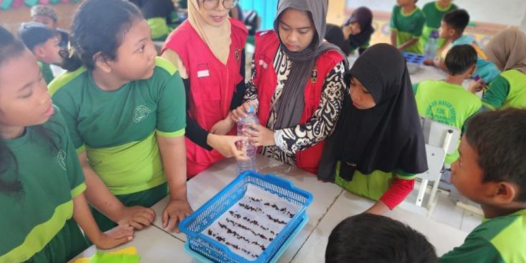Mahasiswa KKN-T mengajarkan siswa menanam sayur dengan metode hidroponik, Rabu (22/01). Foto: Dokumentasi pribadi