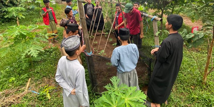 Potret mahasiswa beri pelatihan kepada santri Pondok Pesantren Agrowisata Tahfidzul Qur’an Insan Cendikia Desa Belapunranga, Kecamatan Parangloe, Kabupaten Gowa, Minggu (02/02). Foto: Dokumentasi pribadi