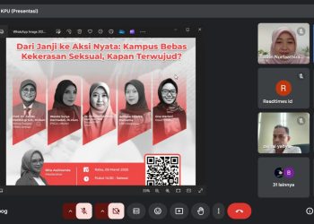 Prof Dr Ir Aslina Asnawi SPt MSi IPM ASEAN Eng saat menjadi pembicara dalam Diskusi diskusi bertajuk “Dari janji ke Aksi Nyata: Kampus Bebas Kekerasan Seksual, Kapan terwujud?”, Rabu (05/03). Foto: Tangkapan Layar.