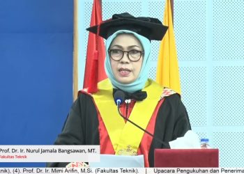 Potret pemaparan pidato ilmiah oleh Prof Dr Ir Ar Nurul Jamala Bangsawan MT IAI pada Acara Pengukuhan Guru Besar Universitas Hasanuddin, Selasa (27/05). Foto : Tangkapan Layar.