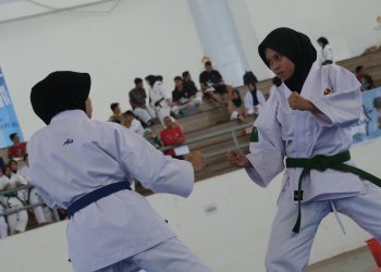 Ekspresi serius seorang atlet bela diri shorinji kempo dengan posisi kuda-kudanya Foto_ IDENTITAS_Azzahra Dzahabiyyah Asyila Rahma
