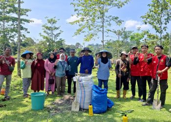 Foto bersama mahasiswa KKN 114 Unhas bekerja sama dengan PT Mars pada pelaksanaan program Restorasi Lahan Pertanian Tertimbun Pasir Pasca Banjir di Desa Malimbu, Rabu (13/08). Foto : Dokumentasi pribadi