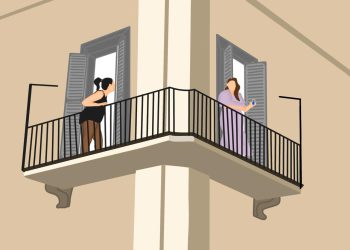 Ilustrasi dua orang penghuni kost yang sedang berinteraksi di teras balkon kostnya. Ilustrasi: IDENTITAS/Andika Wijaya