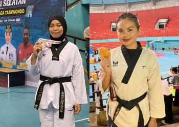Dua mahasiswa Universitas Hasanuddin (Unhas), Juni Safitri (kiri) dan Stephanie Salenna (kanan), usai meraih prestasi pada Pekan Olahraga Provinsi Sulawesi Selatan (Porprov Sulsel) cabang olahraga Taekwondo di GOR Sudiang, Makassar, Jumat–Minggu (28–30/11).
