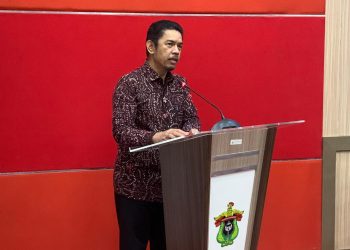 PLT Kepala BKPerdag Kementerian Perdagangan, Johni Martha, saat memberikan sambutan dalam kegiatan Diseminasi Hasil Analisis ke-2 Badan Kebijakan Perdagangan Tahun 2025 di Aula Prof Latanro Gedung Pascasarjana FEB, Kamis (04/12). Foto: IDENTITAS/Fathimah Nur Khalidah Rahman