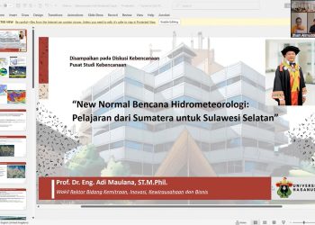 Power Point Presentation (PPT) WR IV, Prof Dr Eng Ir Adi Maulana ST MPhil ketika menjadi pembicara pada Diskusi Kebencanaan secara hybrid di Ruang Rapat A Lt 1 LPPM Unhas dan Zoom Meeting, Selasa (09/12). Foto:  Tangkapan Layar
