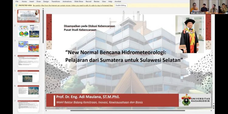 Power Point Presentation (PPT) WR IV, Prof Dr Eng Ir Adi Maulana ST MPhil ketika menjadi pembicara pada Diskusi Kebencanaan secara hybrid di Ruang Rapat A Lt 1 LPPM Unhas dan Zoom Meeting, Selasa (09/12). Foto: Tangkapan Layar